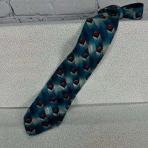 Vintage Geoffrey Beene 100% Silk Teal/Burgundy/Gray Geometric Tie, 3 3/4" Wide‎